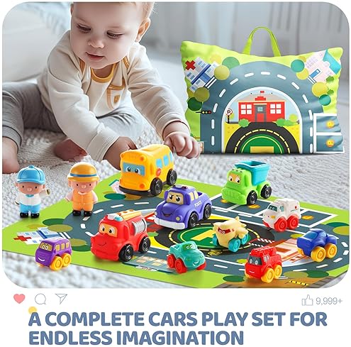 Bessome Soft Rubber Toy Car Set with Playmat & Storage Bag | 12 Cartoon Cars for 1-2 Year Olds | Birthday & Valentine Gift