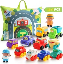 Bessome Soft Rubber Toy Car Set with Playmat & Storage Bag | 12 Cartoon Cars for 1-2 Year Olds | Birthday & Valentine Gift