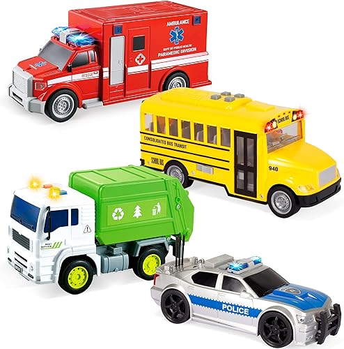 JOYIN 4-Piece Vehicle Toy Set for Toddlers with Lights and Siren Sound, Police Car, School Bus, Garbage Truck, Ambulance, Birthday Gifts for Boys 3-5