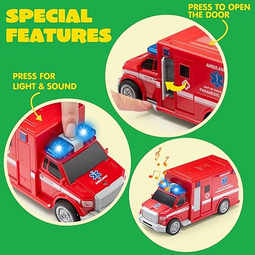 JOYIN 4-Piece Vehicle Toy Set for Toddlers with Lights and Siren Sound, Police Car, School Bus, Garbage Truck, Ambulance, Birthday Gifts for Boys 3-5