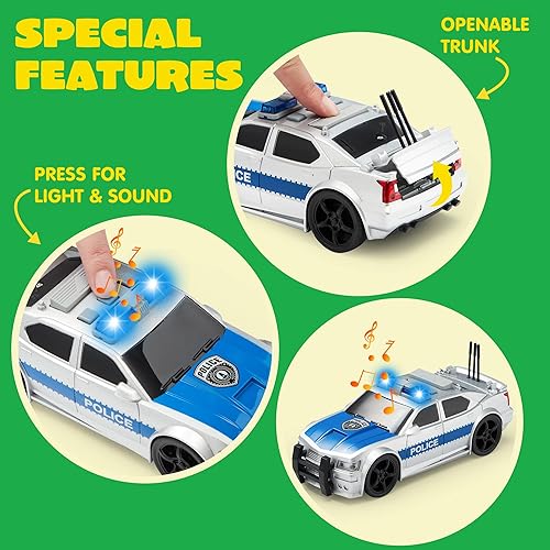 JOYIN 4-Piece Vehicle Toy Set for Toddlers with Lights and Siren Sound, Police Car, School Bus, Garbage Truck, Ambulance, Birthday Gifts for Boys 3-5