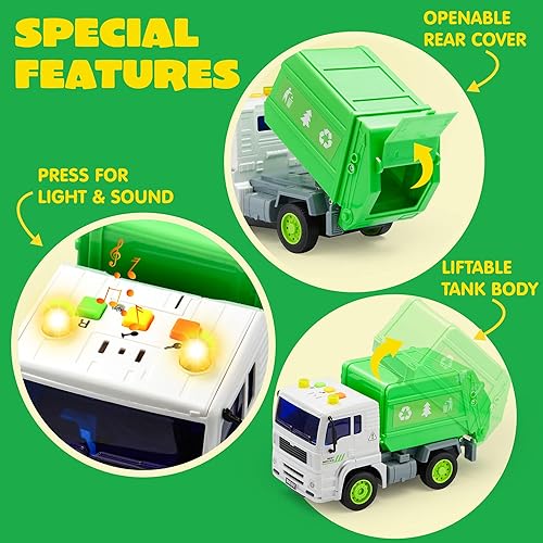 JOYIN 4-Piece Vehicle Toy Set for Toddlers with Lights and Siren Sound, Police Car, School Bus, Garbage Truck, Ambulance, Birthday Gifts for Boys 3-5