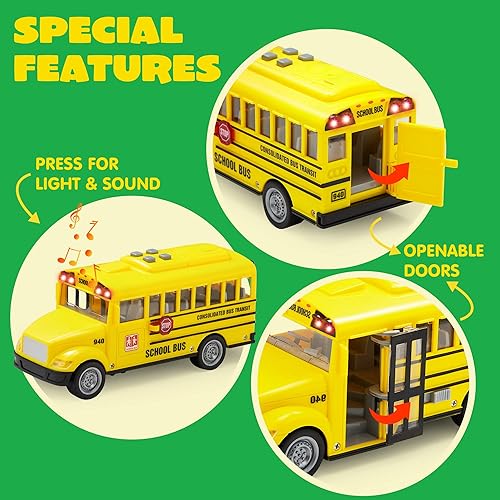 JOYIN 4-Piece Vehicle Toy Set for Toddlers with Lights and Siren Sound, Police Car, School Bus, Garbage Truck, Ambulance, Birthday Gifts for Boys 3-5