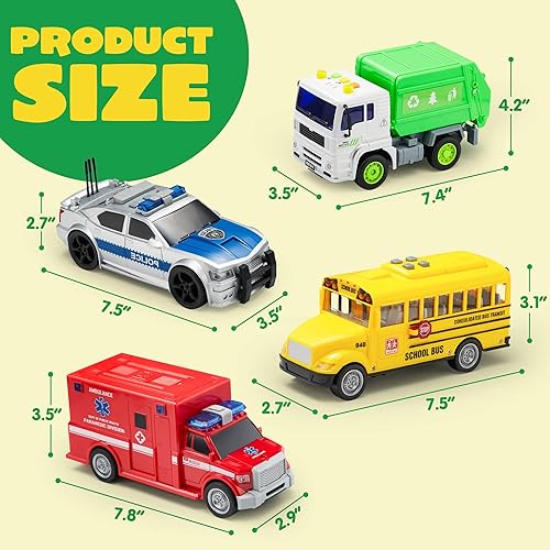 JOYIN 4-Piece Vehicle Toy Set for Toddlers with Lights and Siren Sound, Police Car, School Bus, Garbage Truck, Ambulance, Birthday Gifts for Boys 3-5