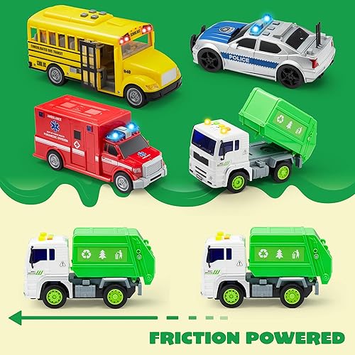 JOYIN 4-Piece Vehicle Toy Set for Toddlers with Lights and Siren Sound, Police Car, School Bus, Garbage Truck, Ambulance, Birthday Gifts for Boys 3-5