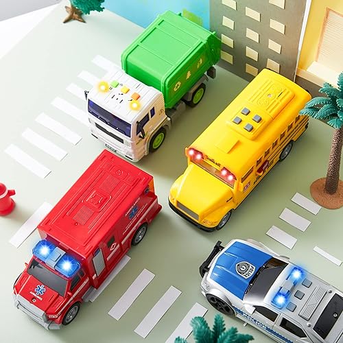 JOYIN 4-Piece Vehicle Toy Set for Toddlers with Lights and Siren Sound, Police Car, School Bus, Garbage Truck, Ambulance, Birthday Gifts for Boys 3-5