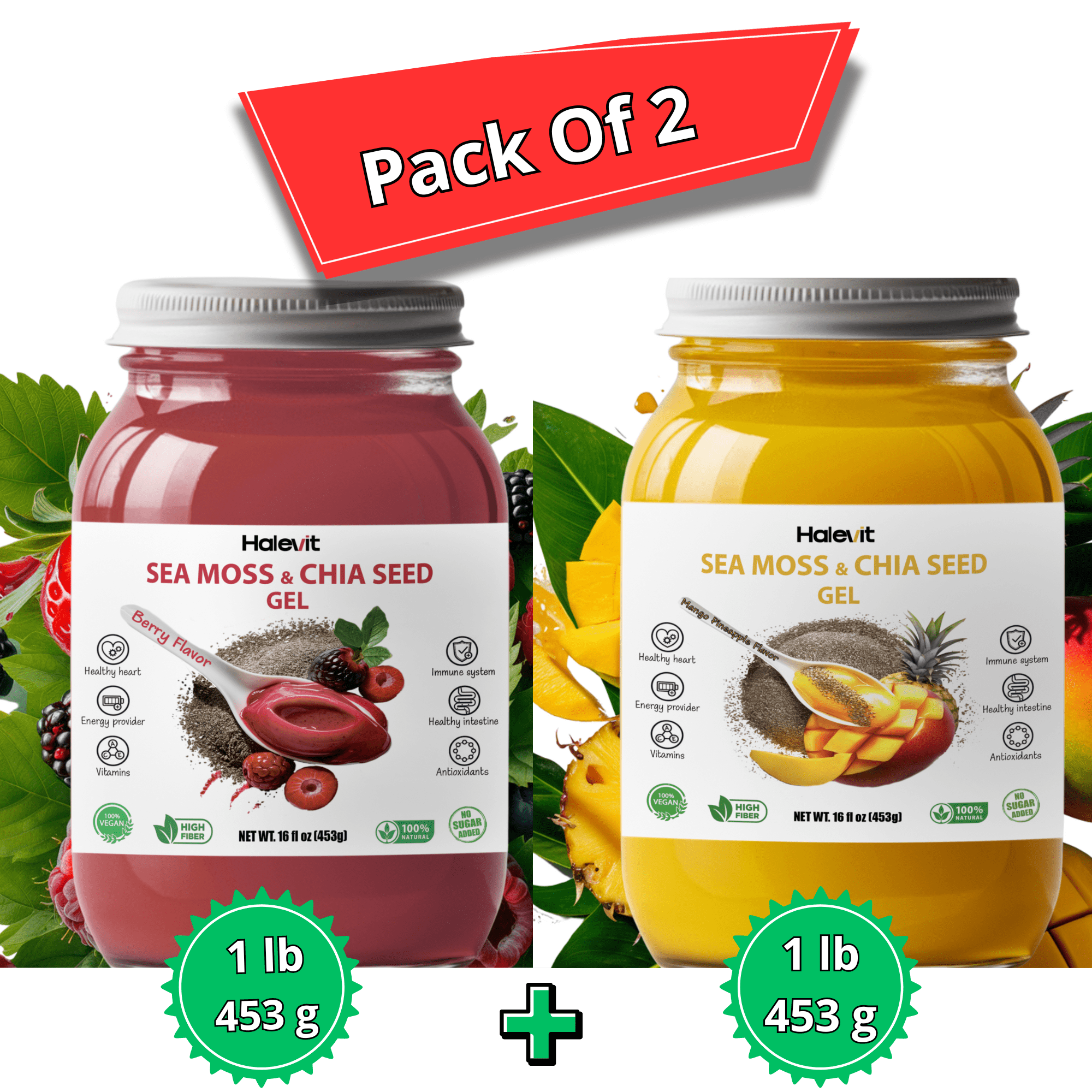 HALEVIT | IRISH SEA MOSS GEL | SEA MOSS, CHIA SEEDS, BERRY, MANGO - PINEAPPLE | PACK OF 2 JARS | MAD