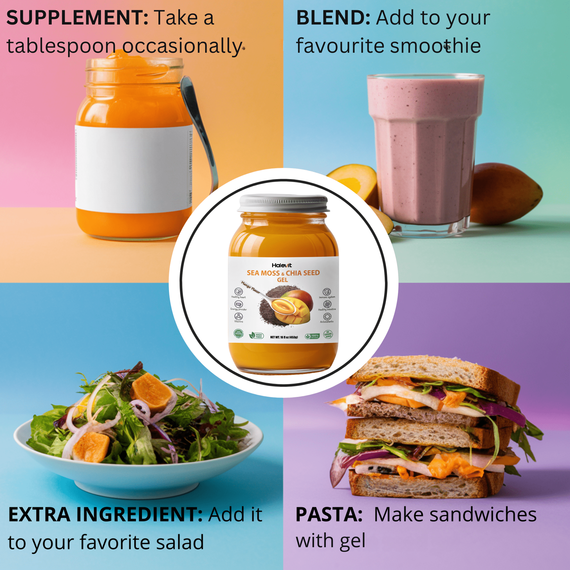 HALEVIT | IRISH SEA MOSS GEL | SEA MOSS, CHIA SEEDS, BERRY, MANGO - PINEAPPLE | PACK OF 2 JARS | MAD