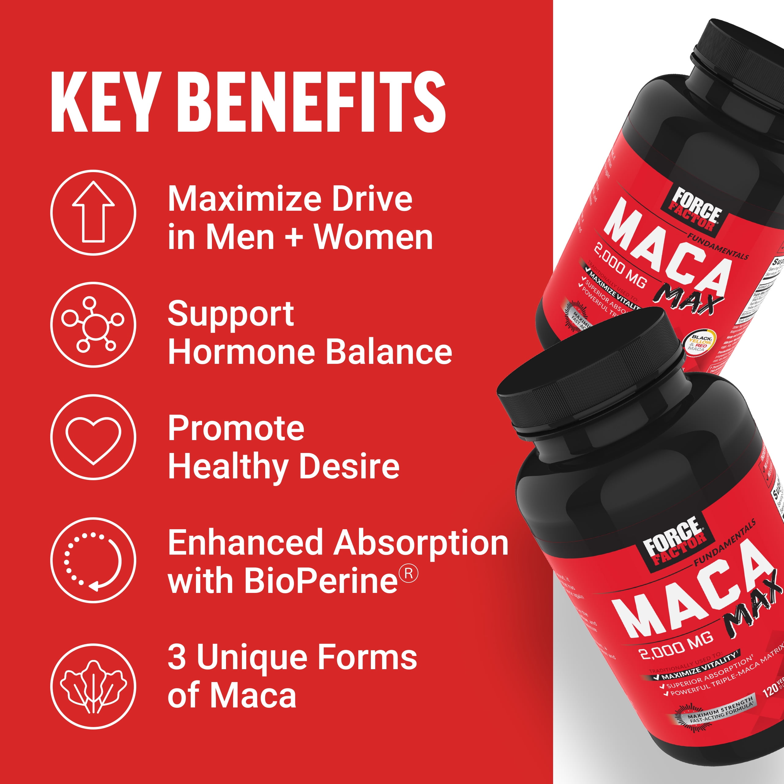 Force Factor Premium Maca Root Capsules for Vitality & Performance - 2000mg, 120ct