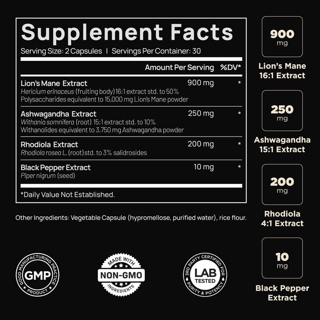 ELMNT LIONS MANE MUSHROOM SUPPLEMENT - 16X STRENGTH NOOTROPIC ENERGY FOCUS MEMORY PILLS