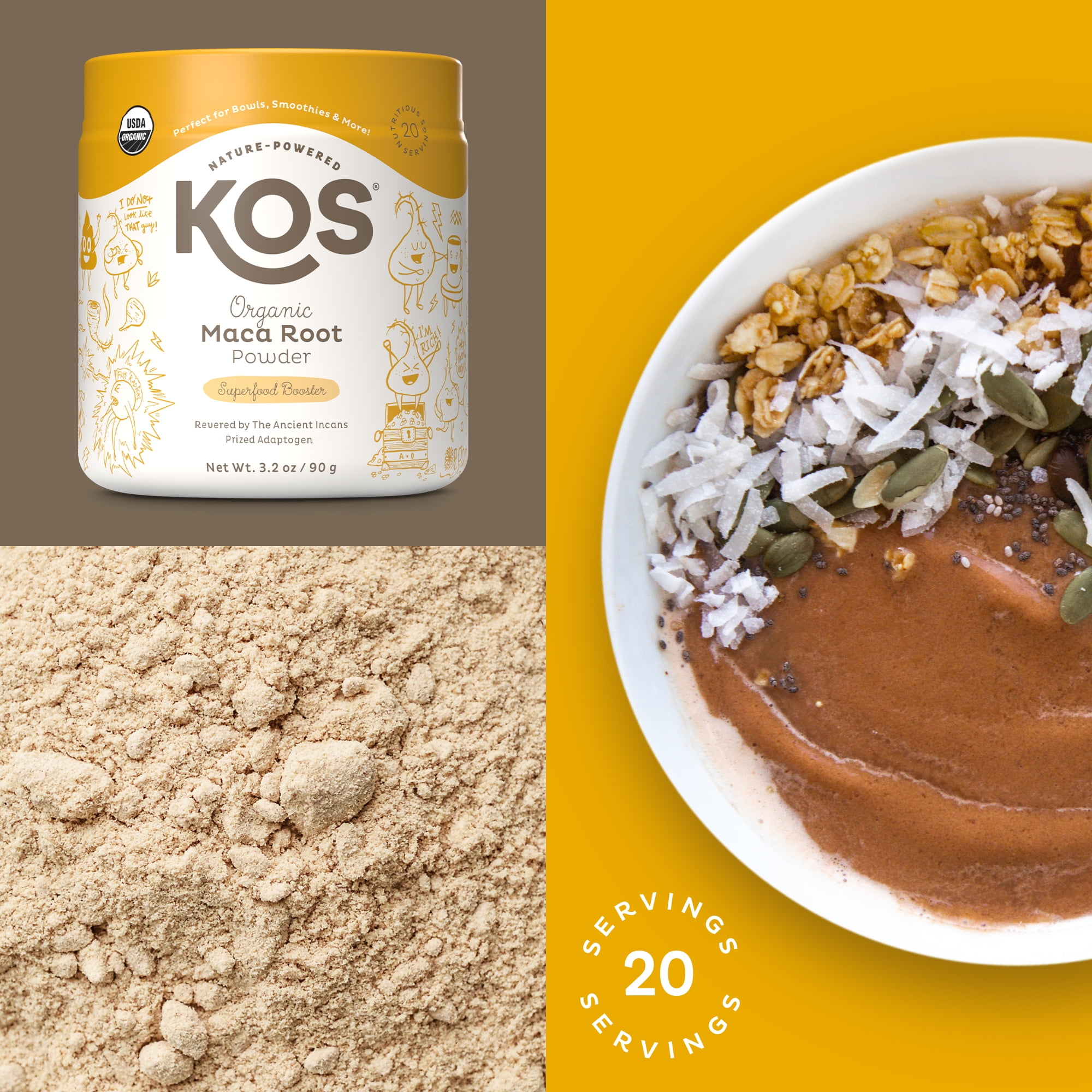 KOS ORGANIC MACA ROOT POWDER - VEGAN SUPERFOOD, GLUTEN FREE, NON GMO - 3.2 OZ