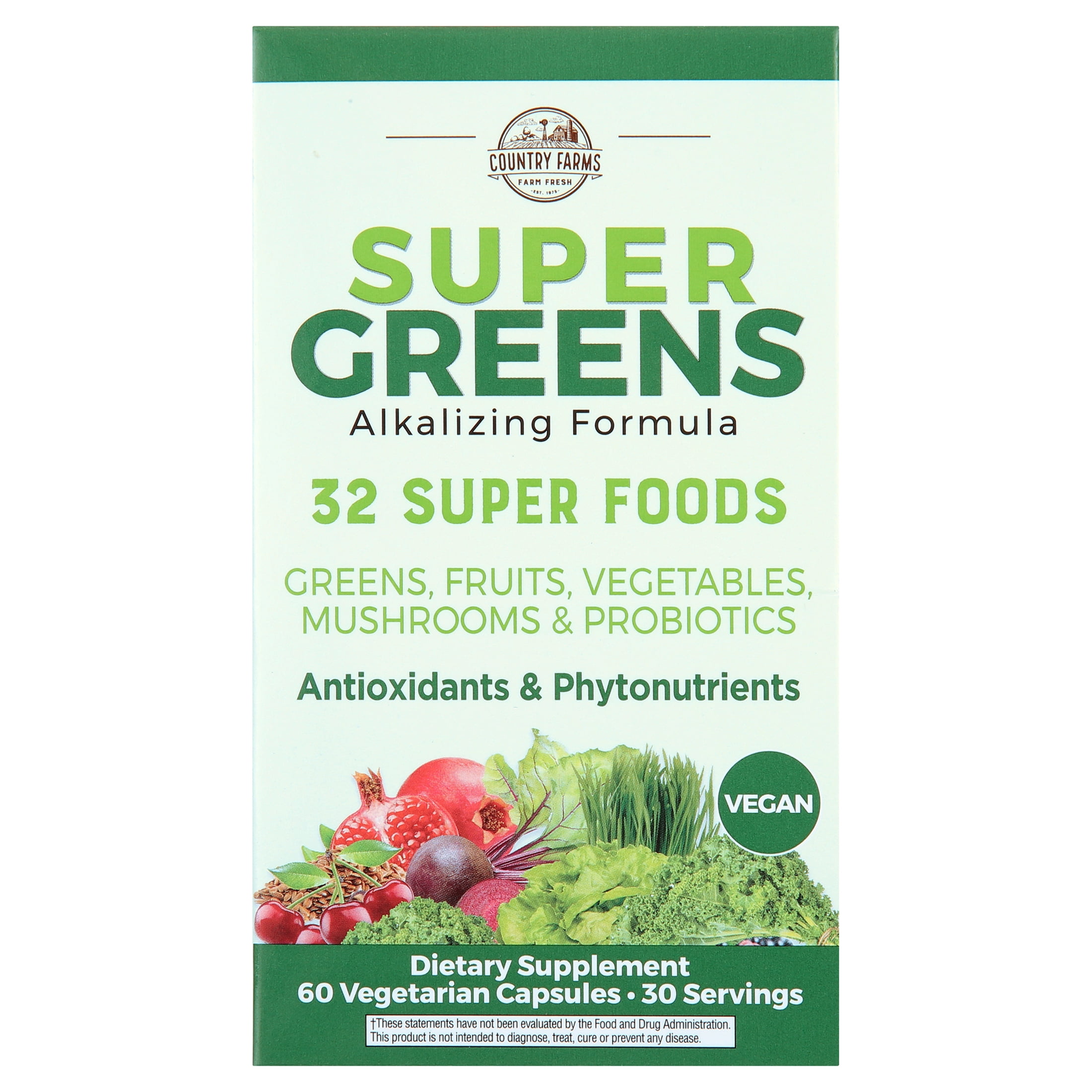 COUNTRY FARMS SUPER GREENS VEGICAPS - WHOLE FOOD SUPPLEMENT WITH 32 SUPERFOODS, ANTIOXIDANTS & PROBIOTICS - 60 COUNT