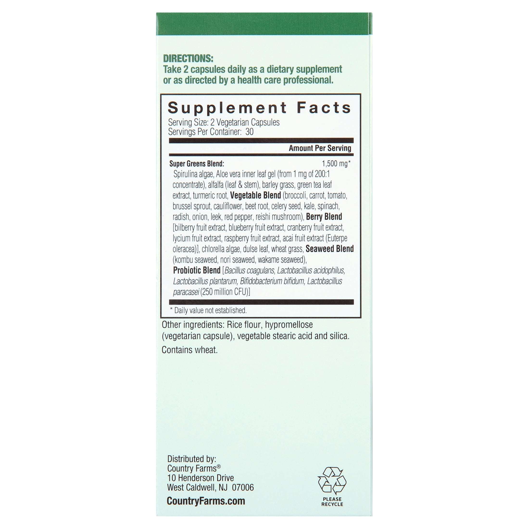 COUNTRY FARMS SUPER GREENS VEGICAPS - WHOLE FOOD SUPPLEMENT WITH 32 SUPERFOODS, ANTIOXIDANTS & PROBIOTICS - 60 COUNT