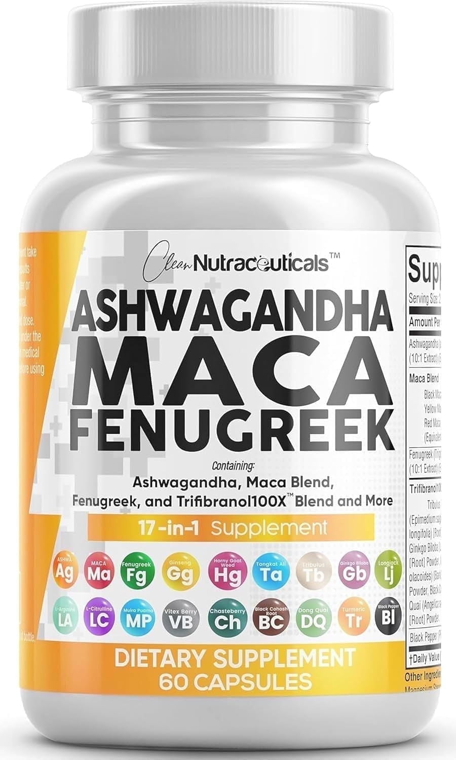 Clean Nutraceuticals Ashwagandha Maca Root Fenugreek Supplement - Stress, Mood, Thyroid Support - 1 Pack