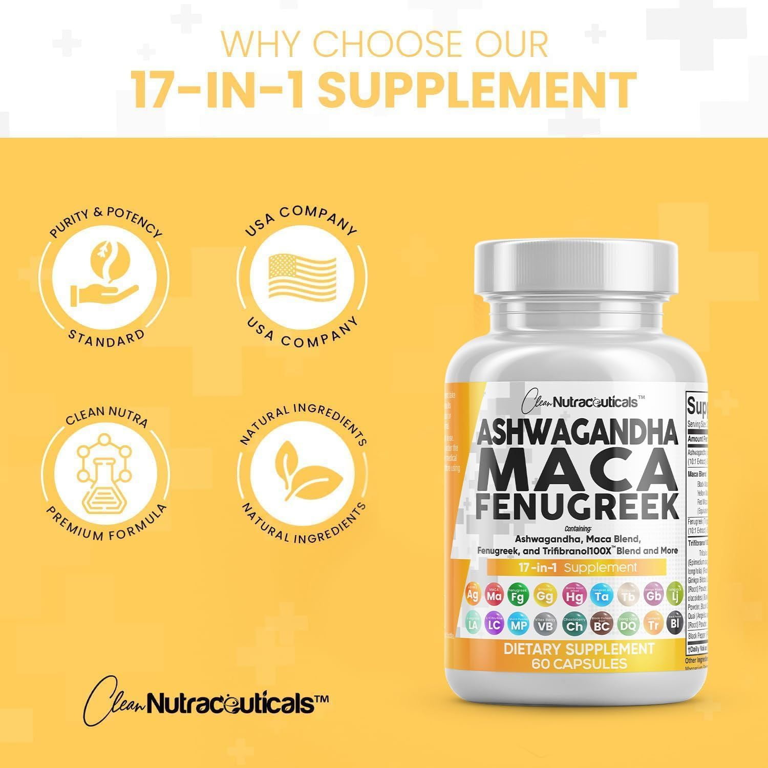 Clean Nutraceuticals Ashwagandha Maca Root Fenugreek Supplement - Stress, Mood, Thyroid Support - 1 Pack