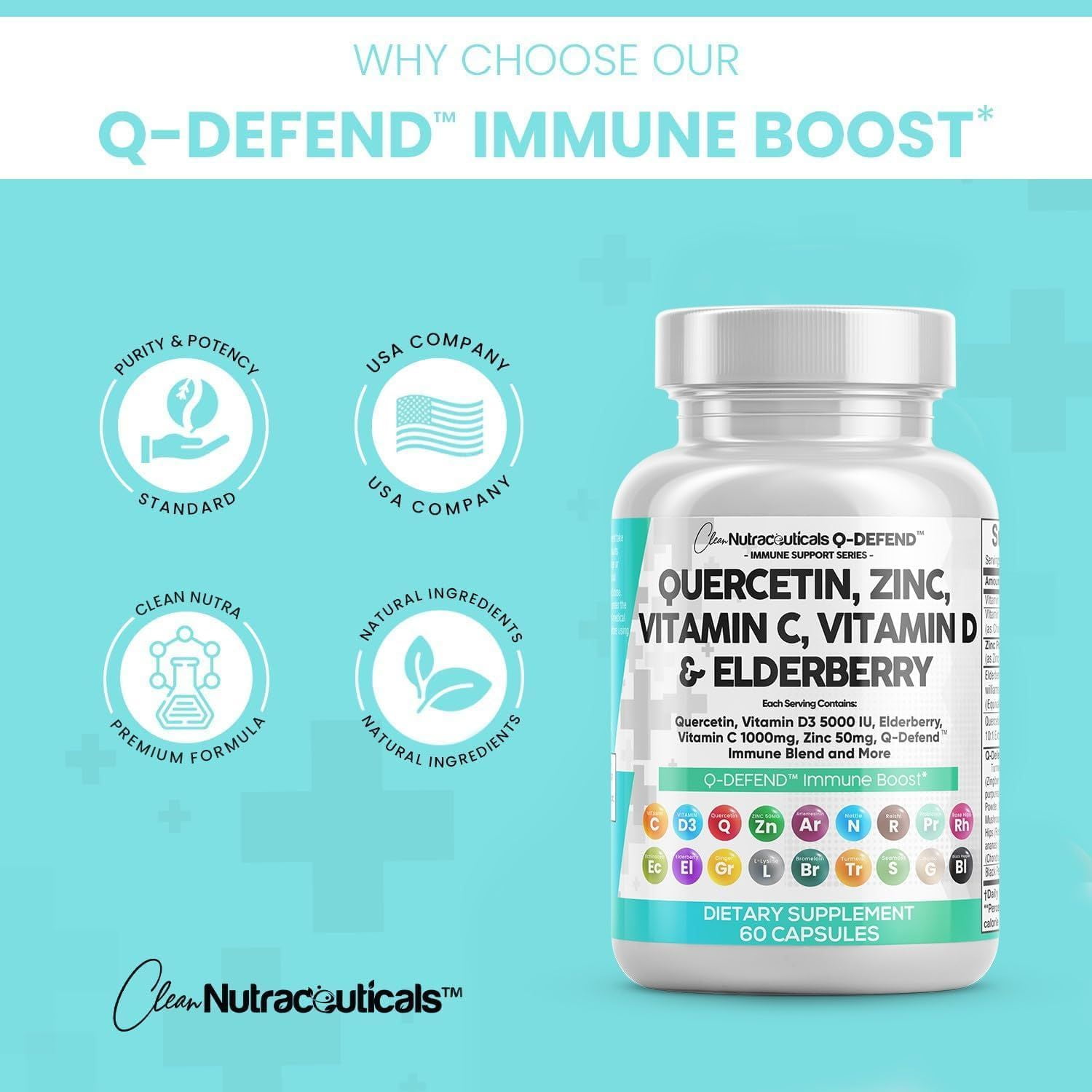 Clean Nutraceuticals Lung & Immune Support Supplement with Quercetin, Zinc, Vitamin C, D, Bromelain, Elderberry