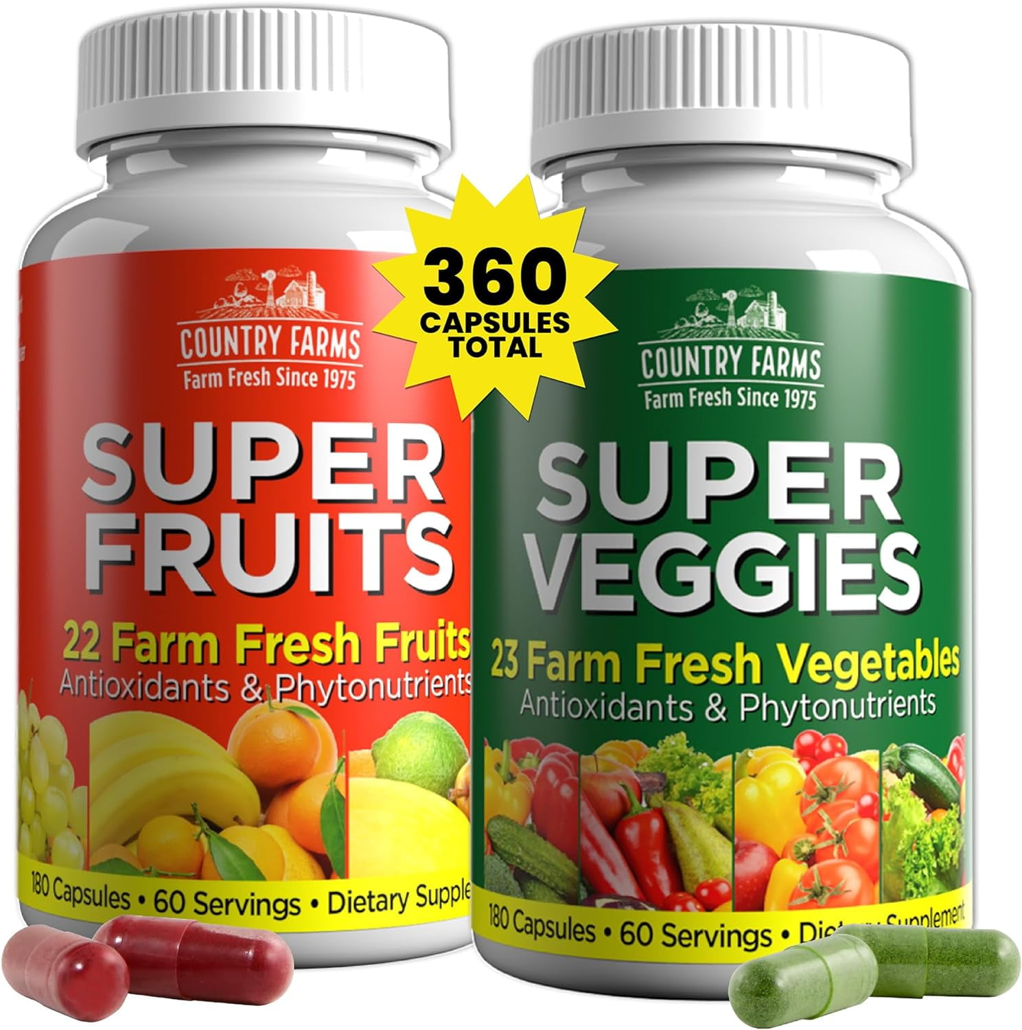 COUNTRY FARMS SUPER FRUITS & VEGGIES CAPSULES 2-PACK, 360 COUNT, GREENS & REDS SUPERFOODS, ANTIOXIDANTS