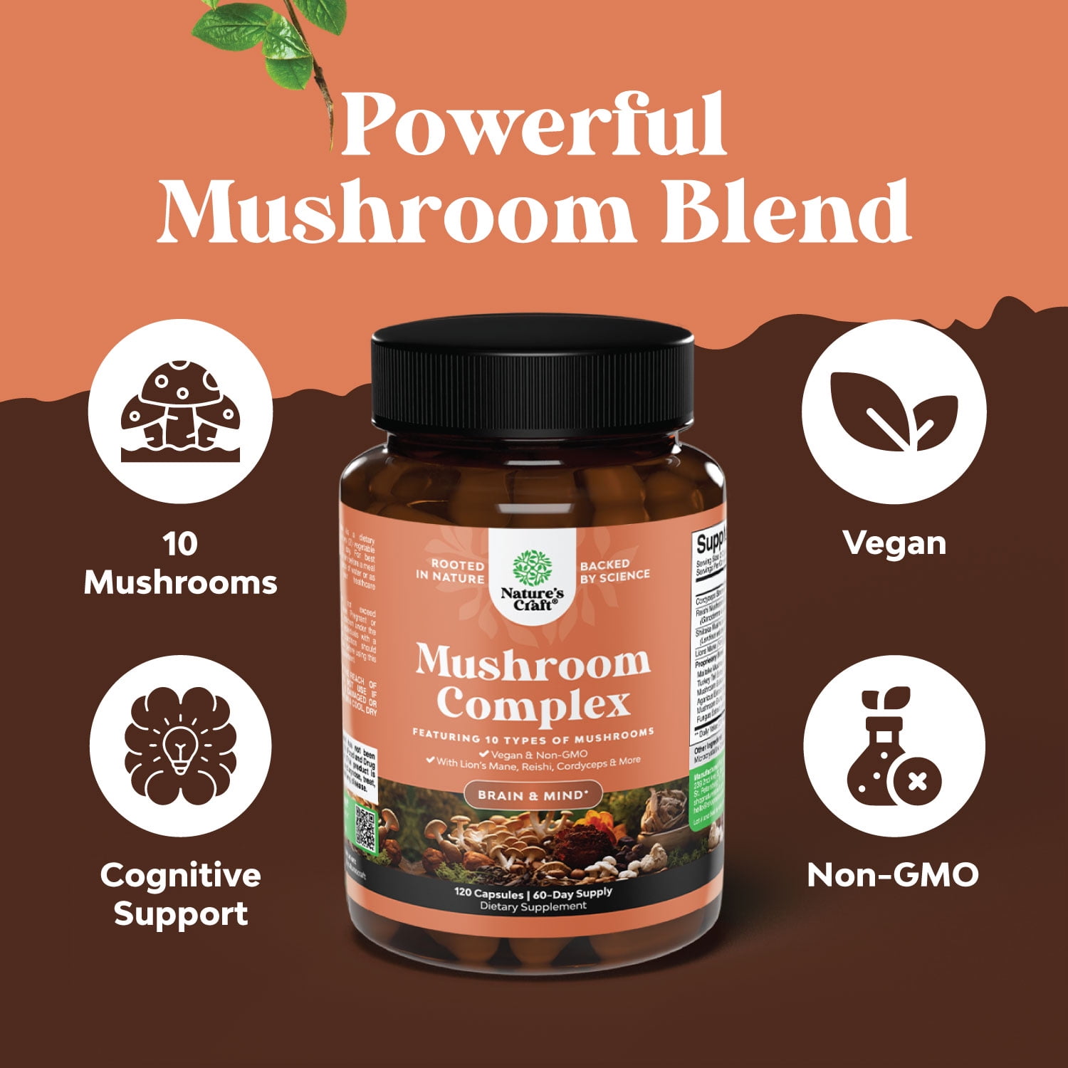 Natures Craft 10X Lions Mane Mushroom Complex Capsules - Adaptogenic Brain Support Supplement