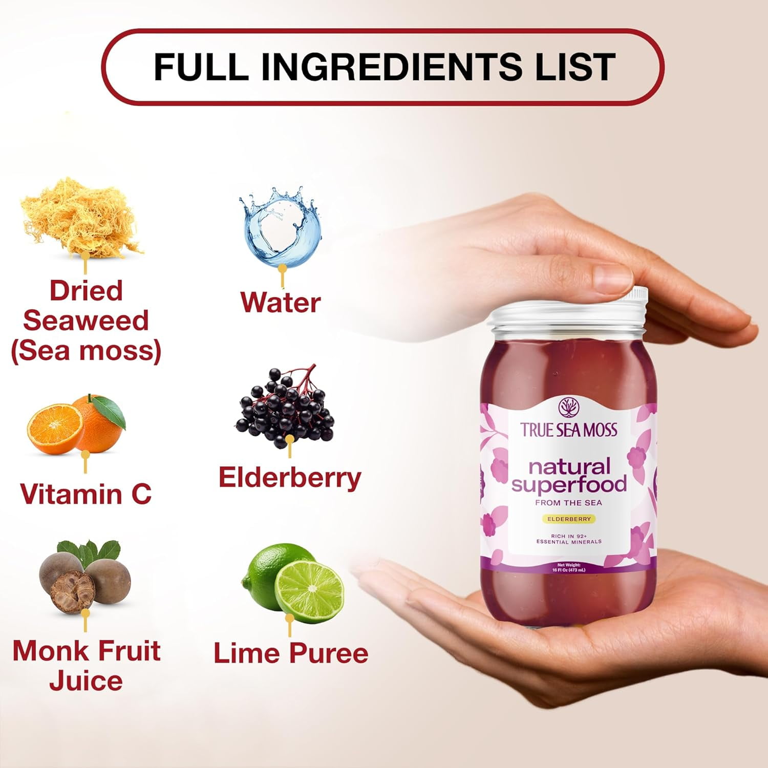 True Sea Moss Organic Elderberry Sea Moss Gel Supplement, 16 fl oz - Wildcrafted Irish Sea Moss