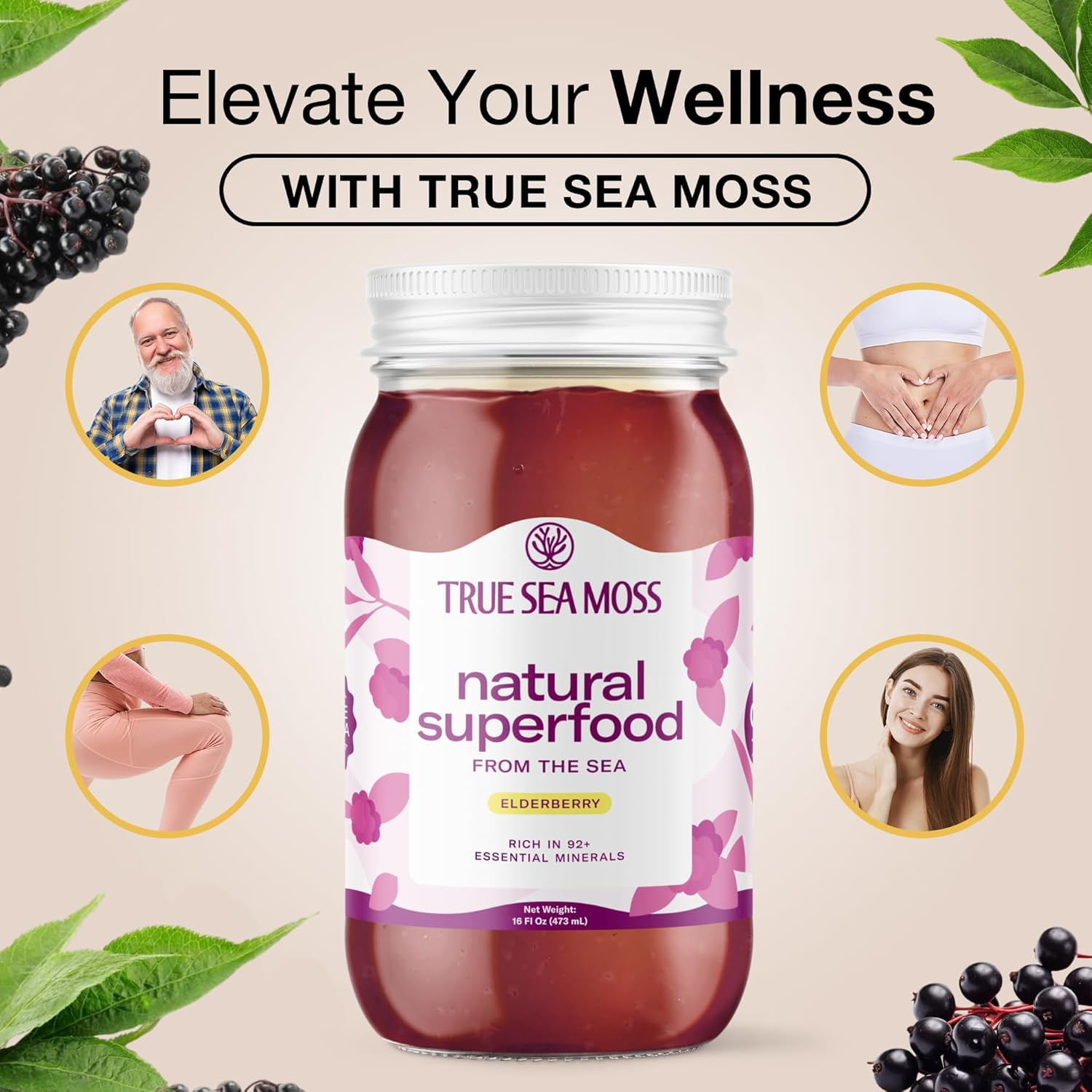 True Sea Moss Organic Elderberry Sea Moss Gel Supplement, 16 fl oz - Wildcrafted Irish Sea Moss