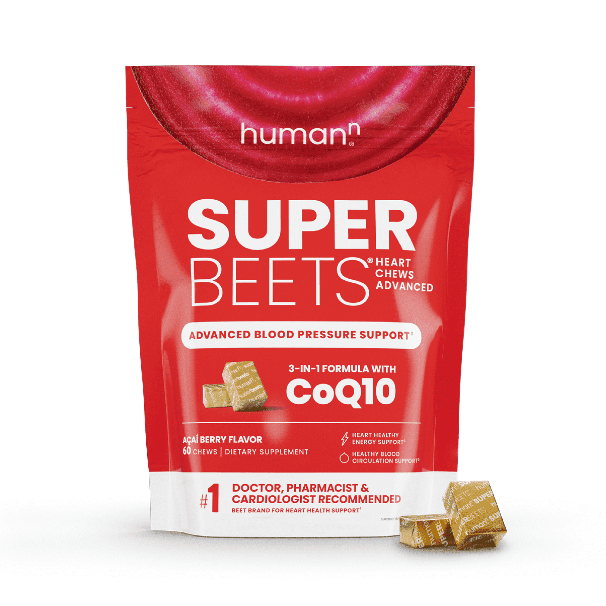 Human SuperBeets Heart Chews Advanced - Beetroot, Grape Seed Extract, CoQ10, 60 Count