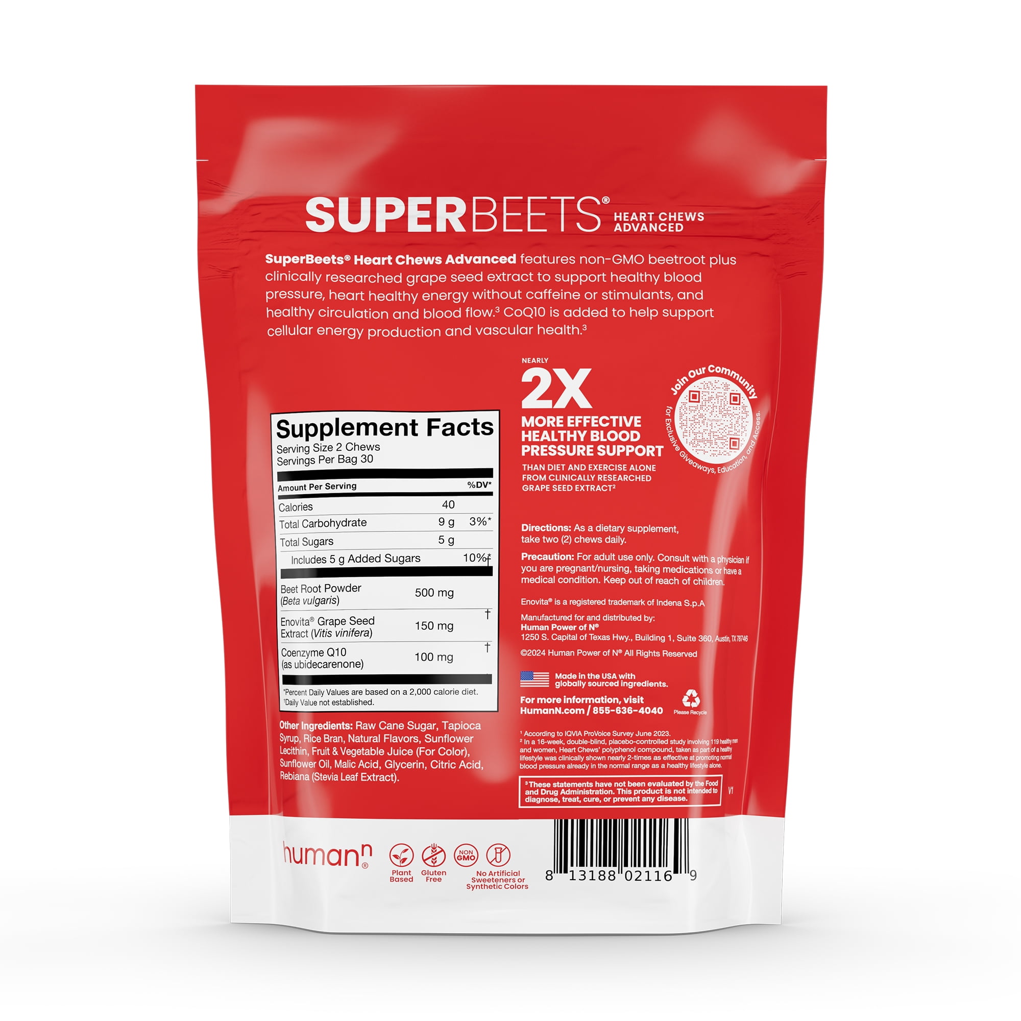 Human SuperBeets Heart Chews Advanced - Beetroot, Grape Seed Extract, CoQ10, 60 Count