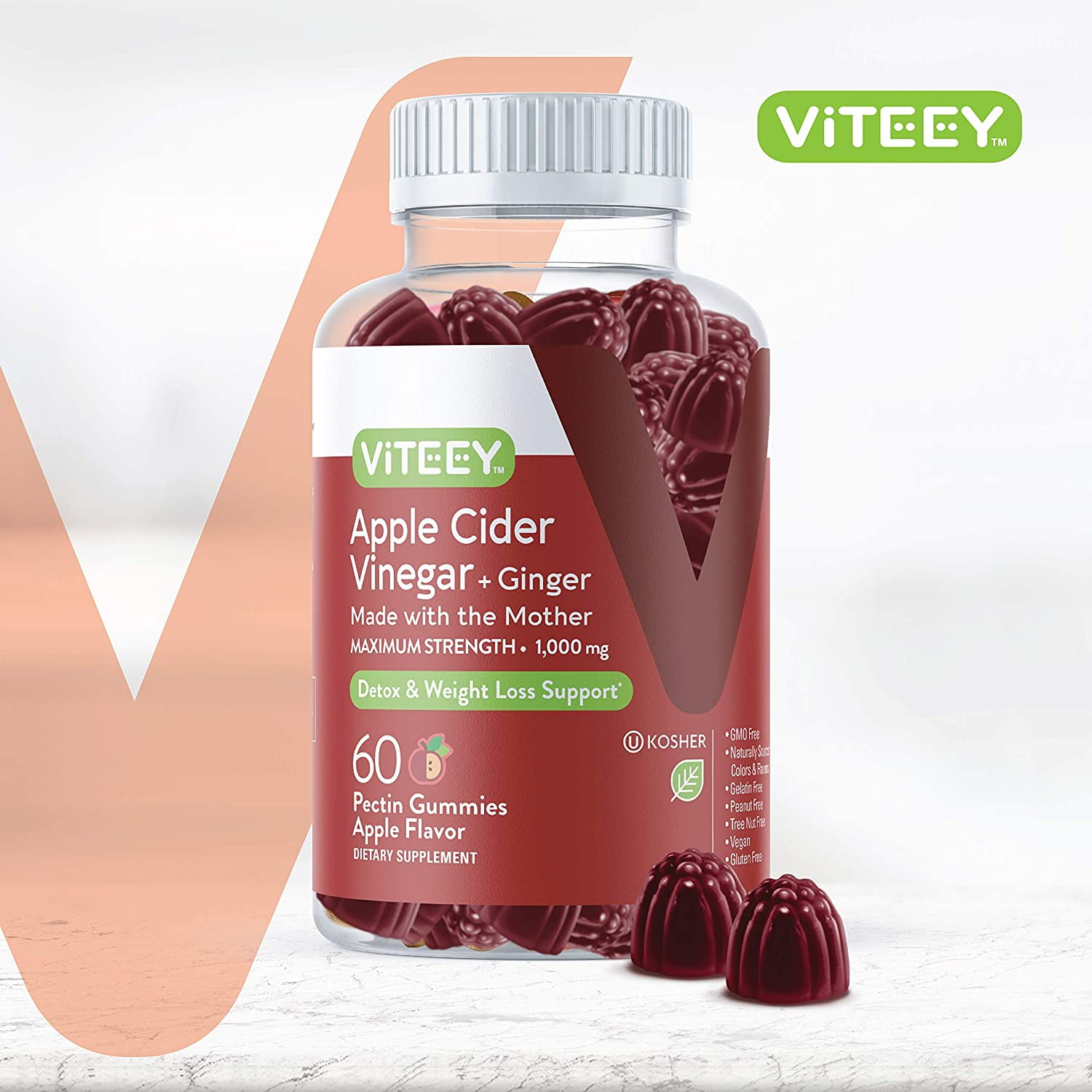 Viteey Apple Cider Vinegar Gummies with Ginger for Detox and Cleanse - 60 Count, Apple Flavor