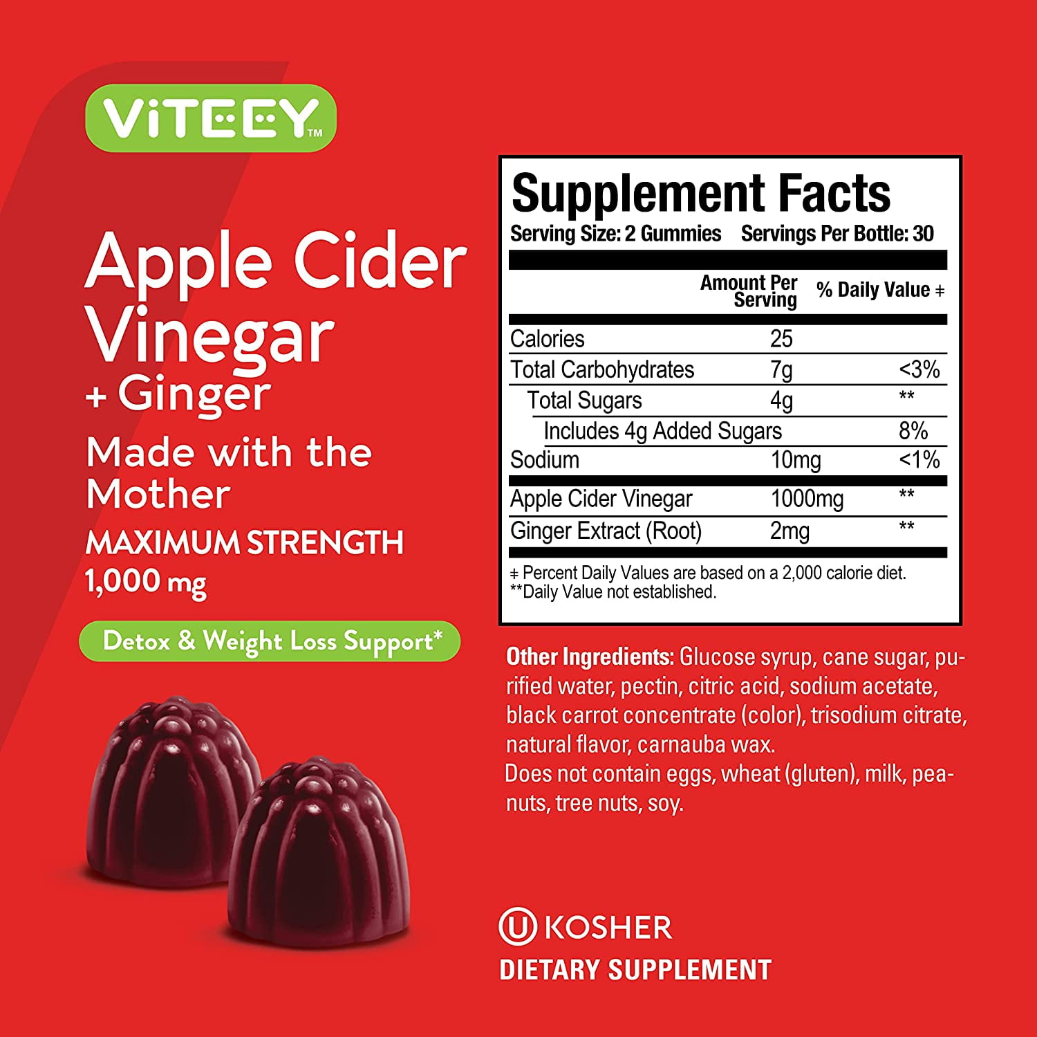 Viteey Apple Cider Vinegar Gummies with Ginger for Detox and Cleanse - 60 Count, Apple Flavor