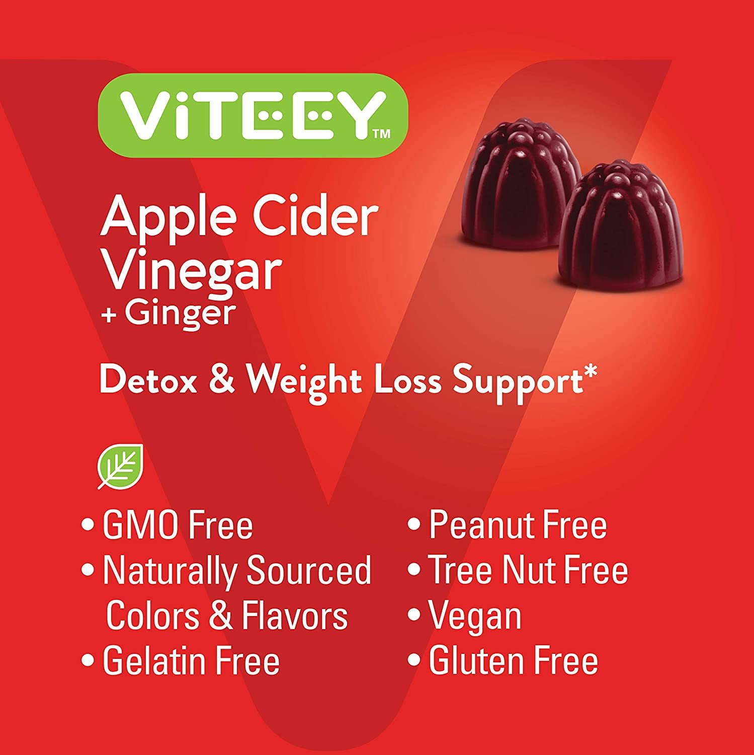 Viteey Apple Cider Vinegar Gummies with Ginger for Detox and Cleanse - 60 Count, Apple Flavor