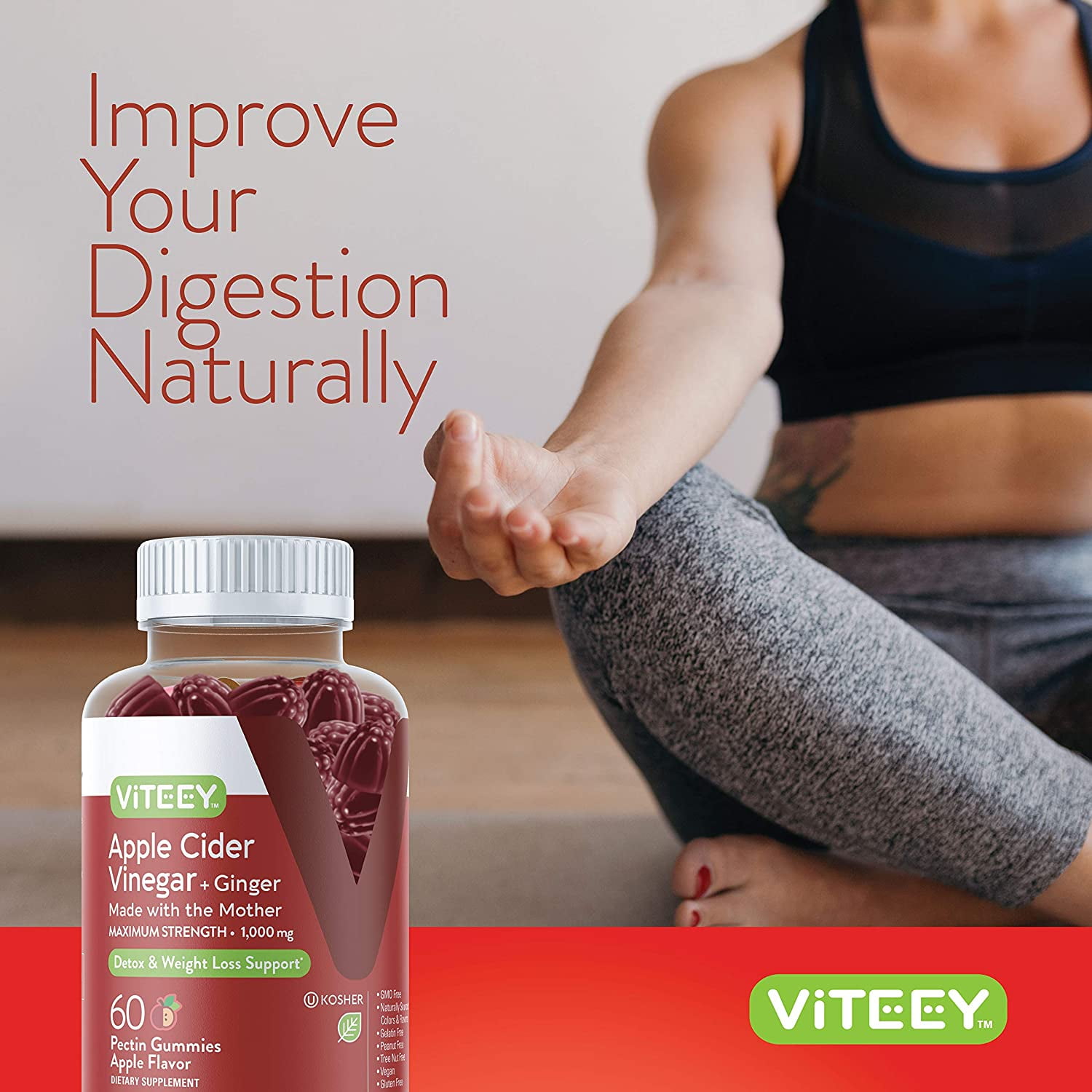Viteey Apple Cider Vinegar Gummies with Ginger for Detox and Cleanse - 60 Count, Apple Flavor