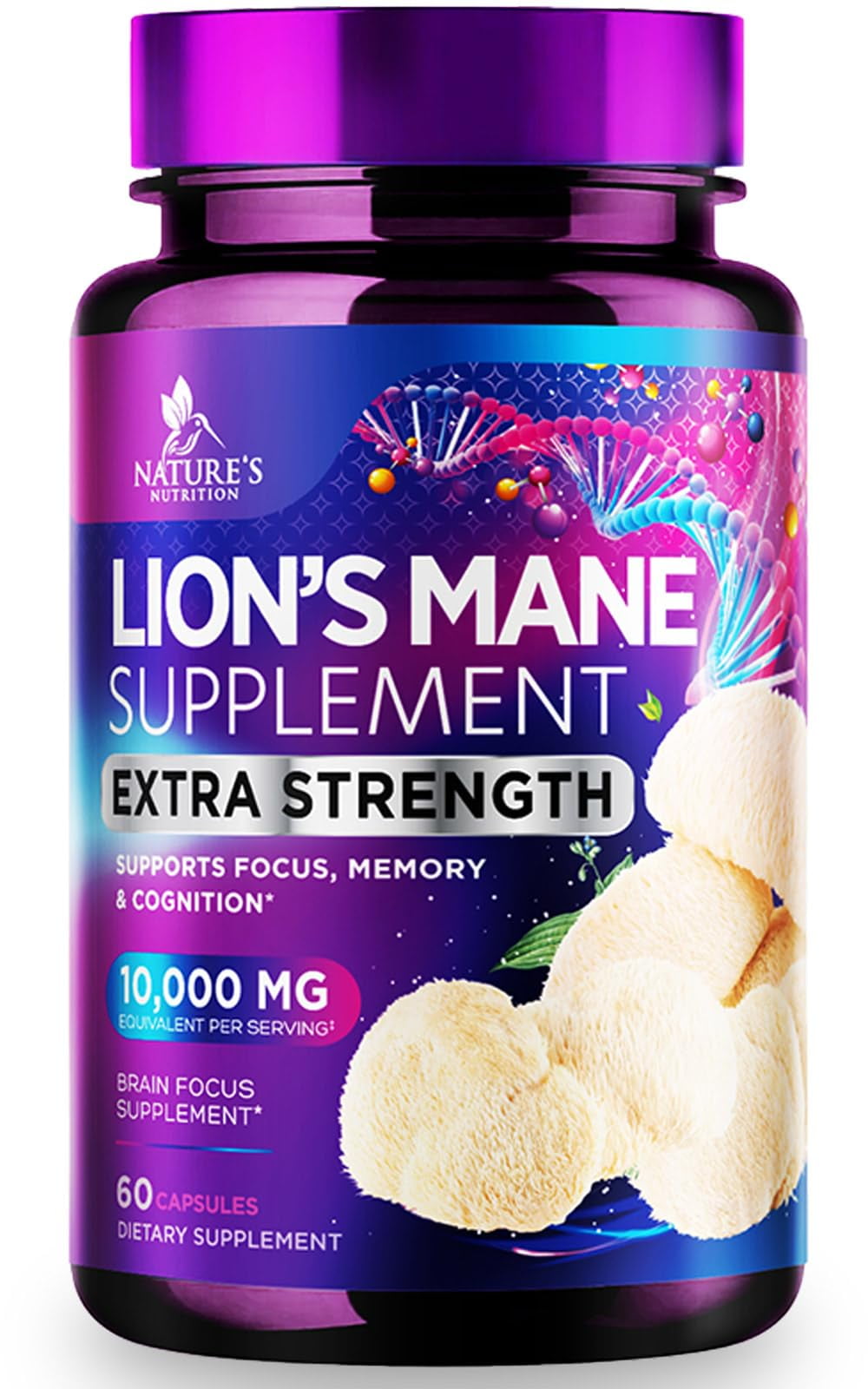 Nature's Nutrition Lion’s Mane Mushroom Capsules 10:1 Extract - Brain & Immune Support - Nootropic Supplement - 60 Vegan Caps