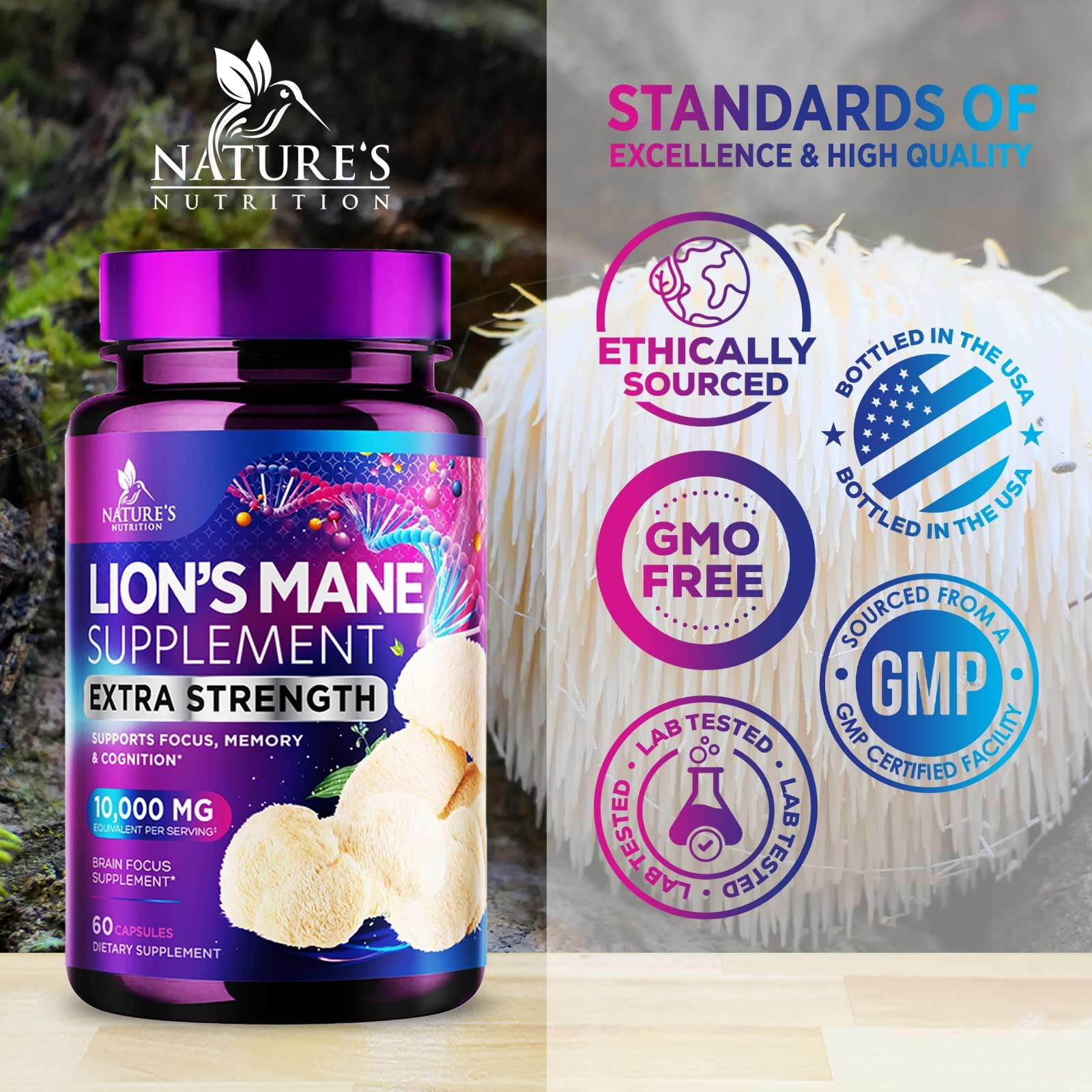 Nature's Nutrition Lion’s Mane Mushroom Capsules 10:1 Extract - Brain & Immune Support - Nootropic Supplement - 60 Vegan Caps