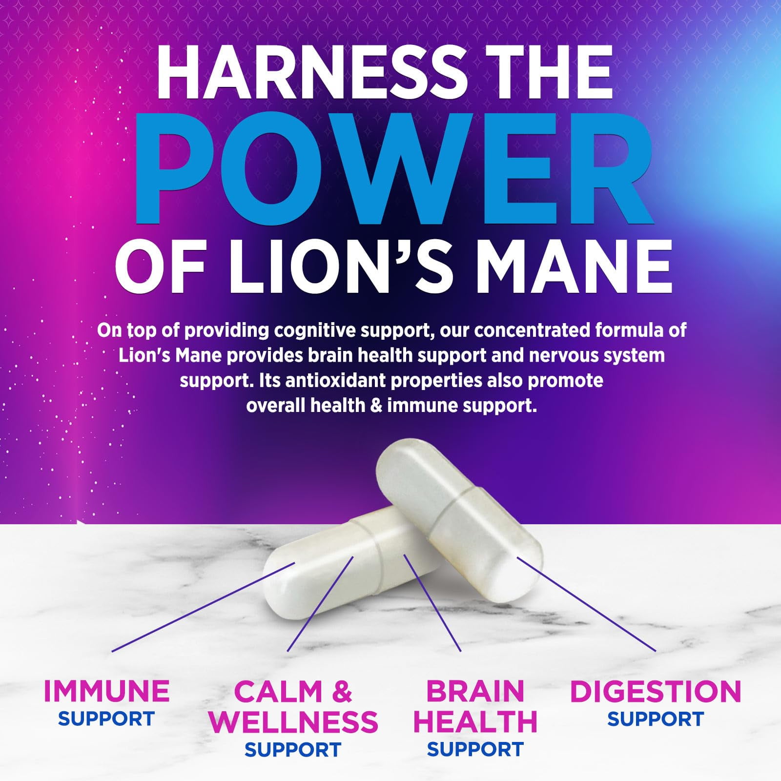 Nature's Nutrition Lion’s Mane Mushroom Capsules 10:1 Extract - Brain & Immune Support - Nootropic Supplement - 60 Vegan Caps
