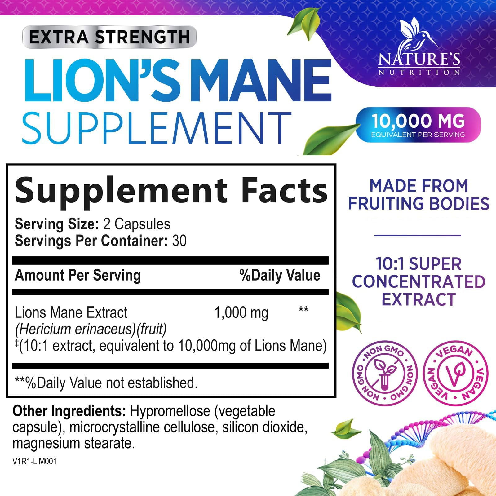 Nature's Nutrition Lion’s Mane Mushroom Capsules 10:1 Extract - Brain & Immune Support - Nootropic Supplement - 60 Vegan Caps