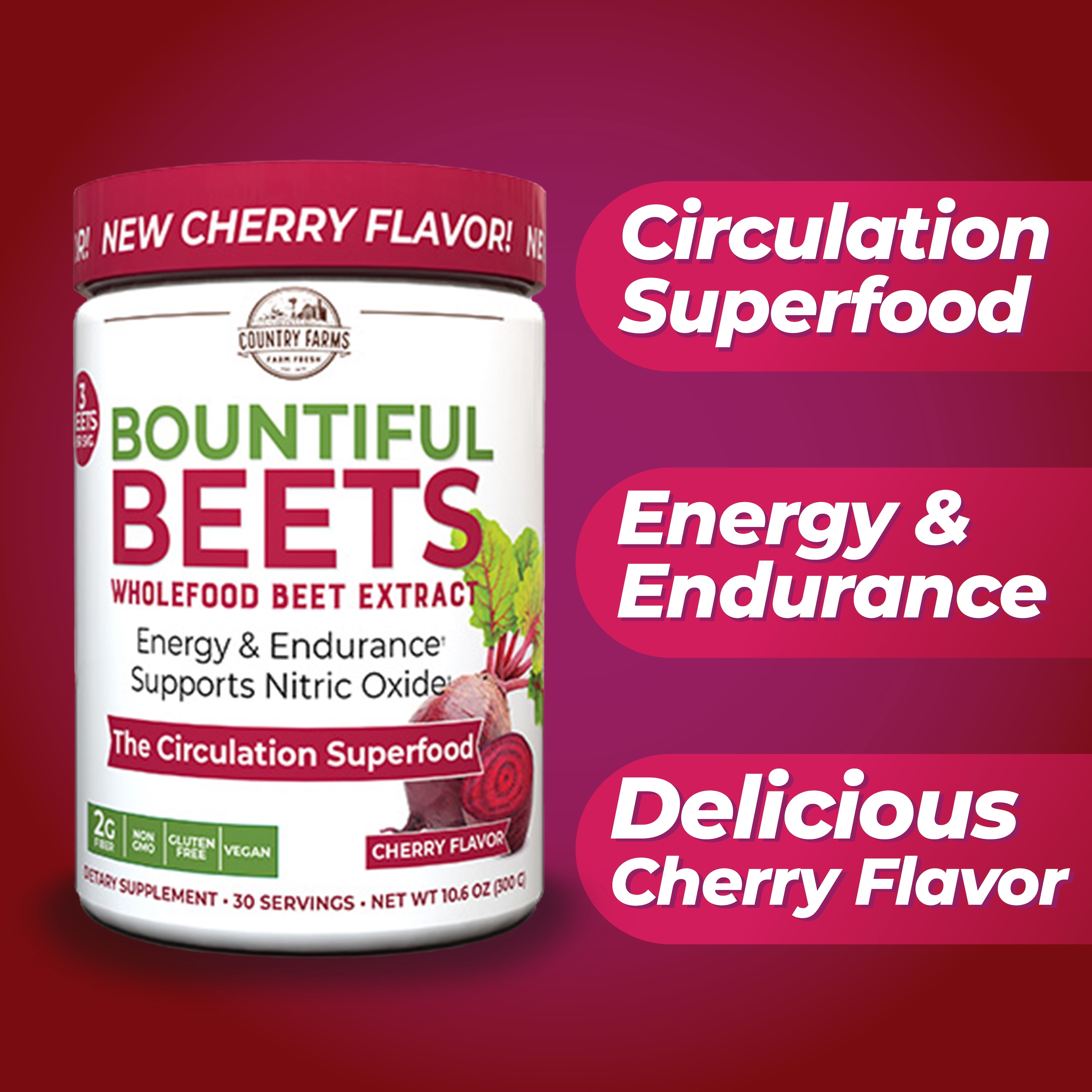 Country Farms-Bountiful Beets Cherry Circulation Superfood, Nitric Oxide Booster, 10.6 oz