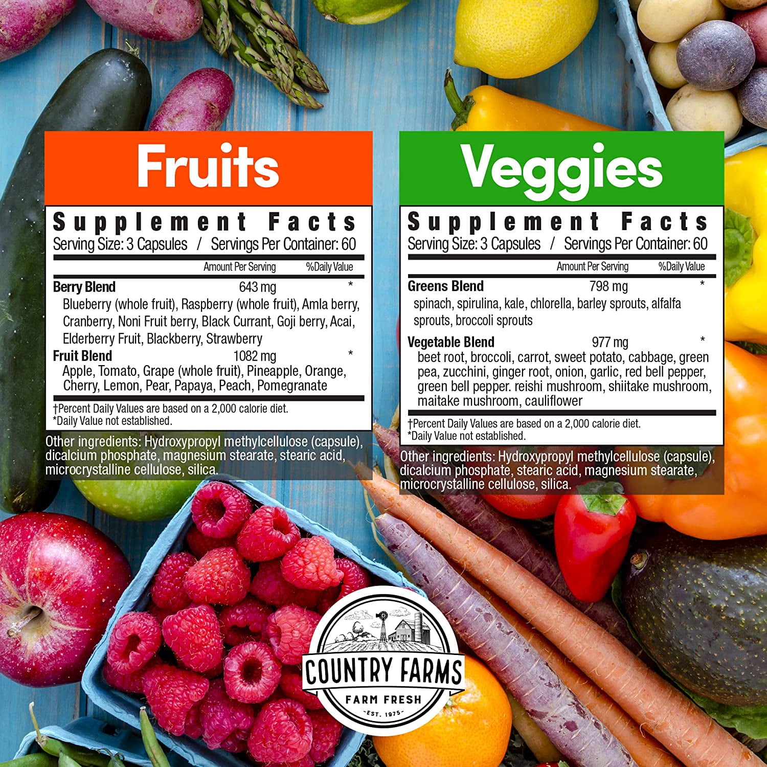 Country Farms Super Fruits & Veggies Capsules - 2 Pack, 180 Each, Superfood Blend with Antioxidants