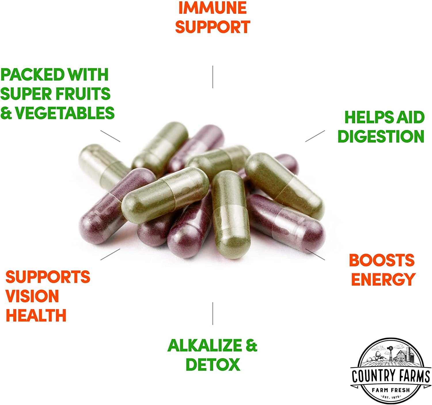 Country Farms Super Fruits & Veggies Capsules - 2 Pack, 180 Each, Superfood Blend with Antioxidants