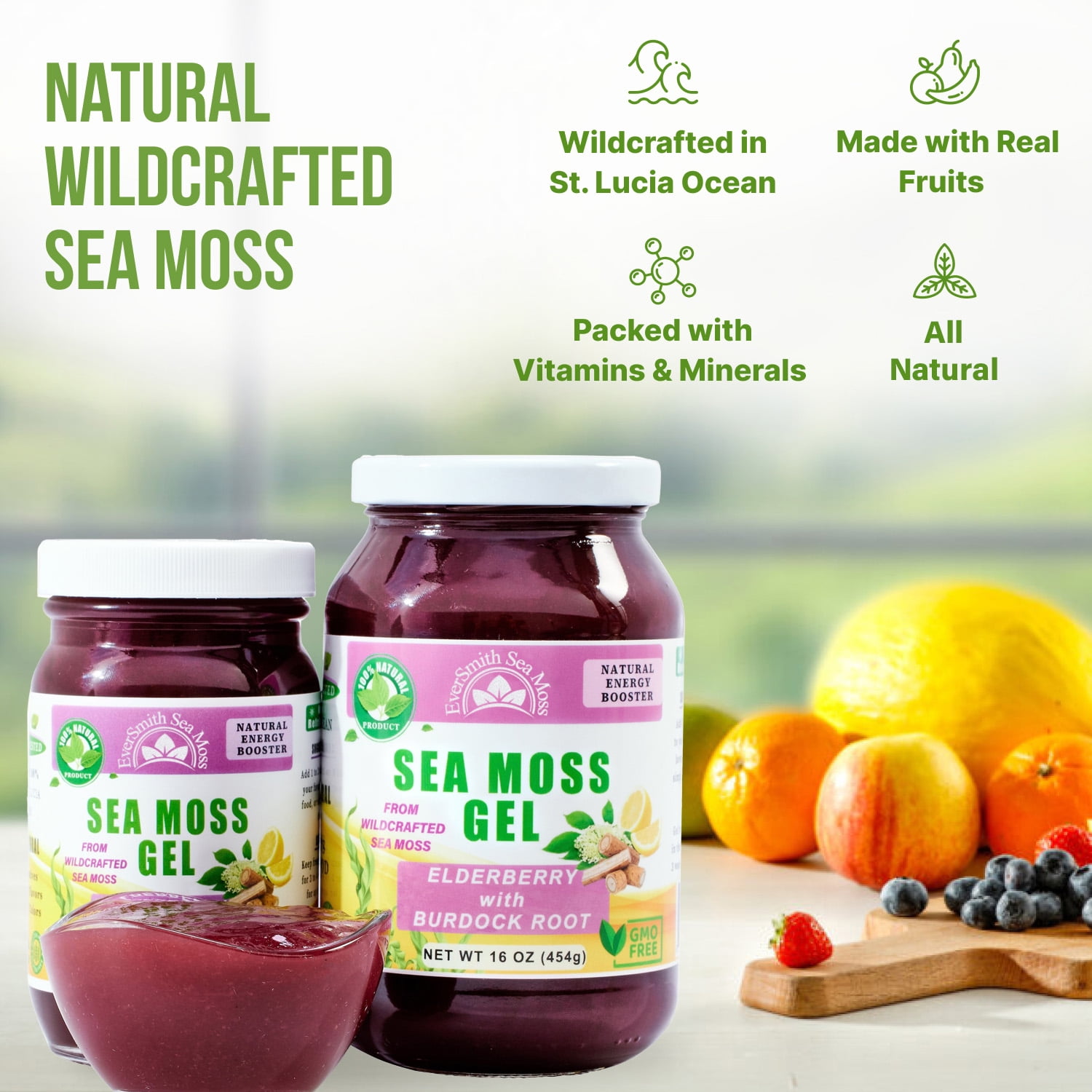EverSmith Organics Wildcrafted Irish Sea Moss Gel with Elderberry-Burdock Root - 16 OZ - Real Fruit