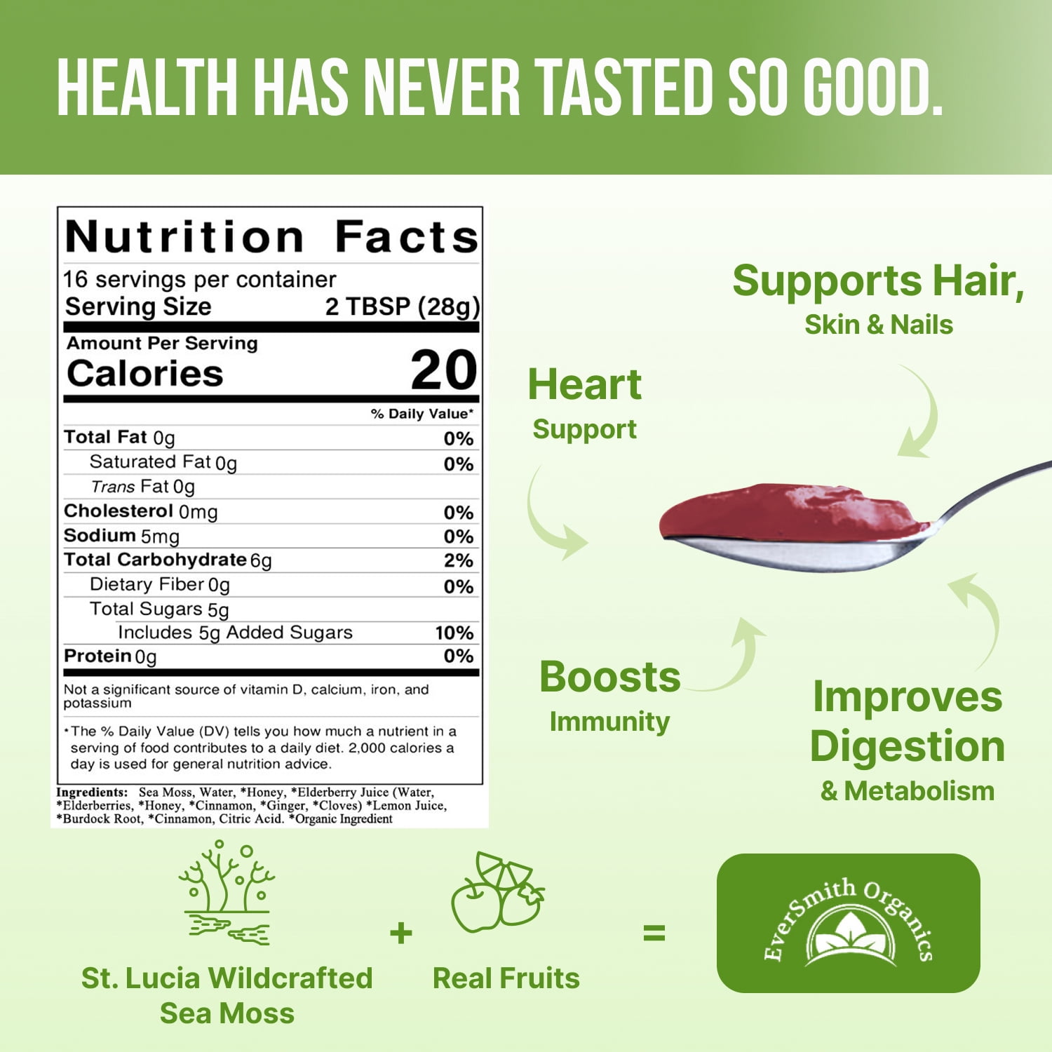 EverSmith Organics Wildcrafted Irish Sea Moss Gel with Elderberry-Burdock Root - 16 OZ - Real Fruit