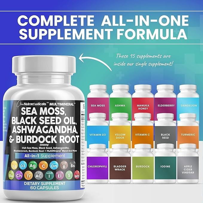 Clean Nutraceuticals Immune Boosting Herbal Supplement with Sea Moss, Black Seed Oil, Ashwagandha, Turmeric, and More