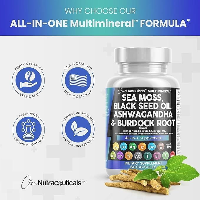 Clean Nutraceuticals Immune Boosting Herbal Supplement with Sea Moss, Black Seed Oil, Ashwagandha, Turmeric, and More