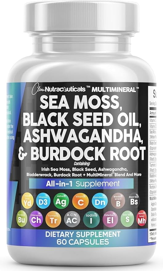 Clean Nutraceuticals Immune Boosting Herbal Supplement with Sea Moss, Black Seed Oil, Ashwagandha, Turmeric, and More