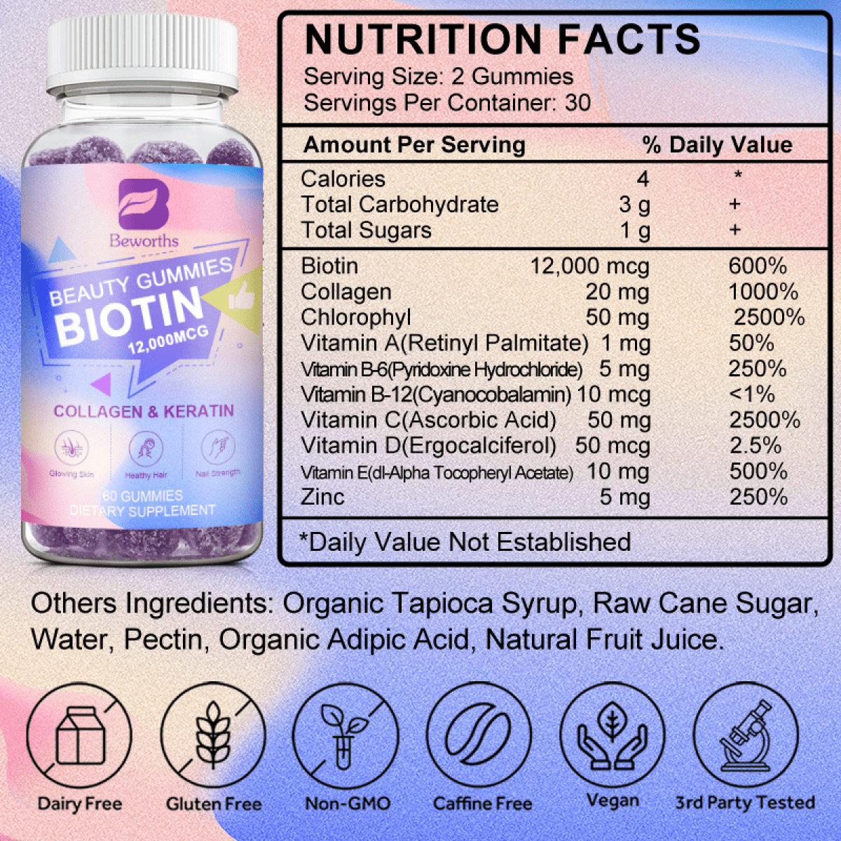 Beworths Biotin Gummies 12000mcg for Hair, Skin & Nails, 60 Count with Collagen, Chlorophyll, Zinc - Vitamin Complex