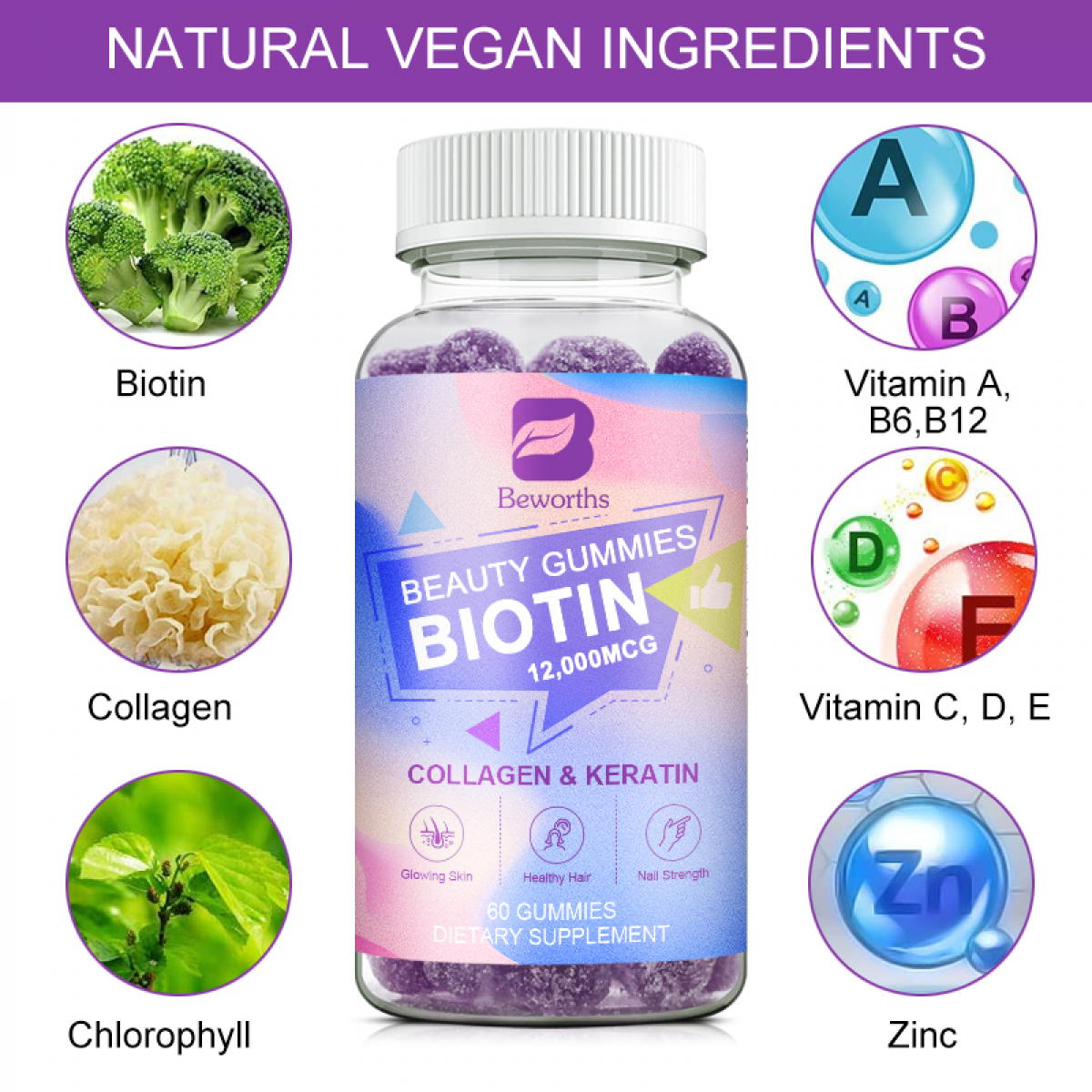 Beworths Biotin Gummies 12000mcg for Hair, Skin & Nails, 60 Count with Collagen, Chlorophyll, Zinc - Vitamin Complex