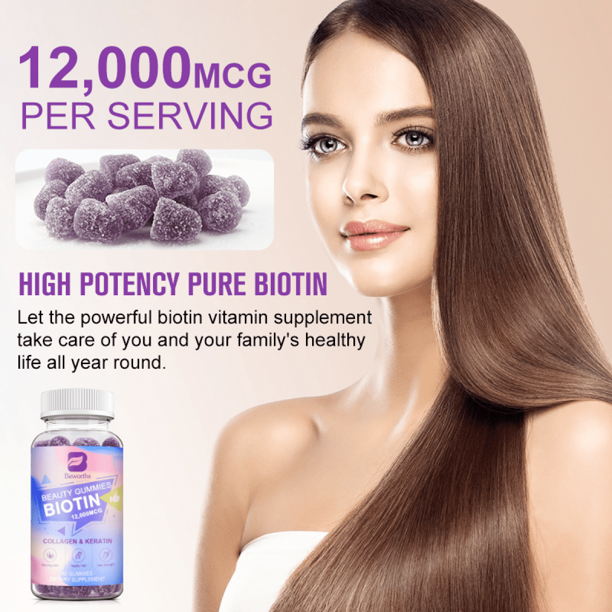 Beworths Biotin Gummies 12000mcg for Hair, Skin & Nails, 60 Count with Collagen, Chlorophyll, Zinc - Vitamin Complex