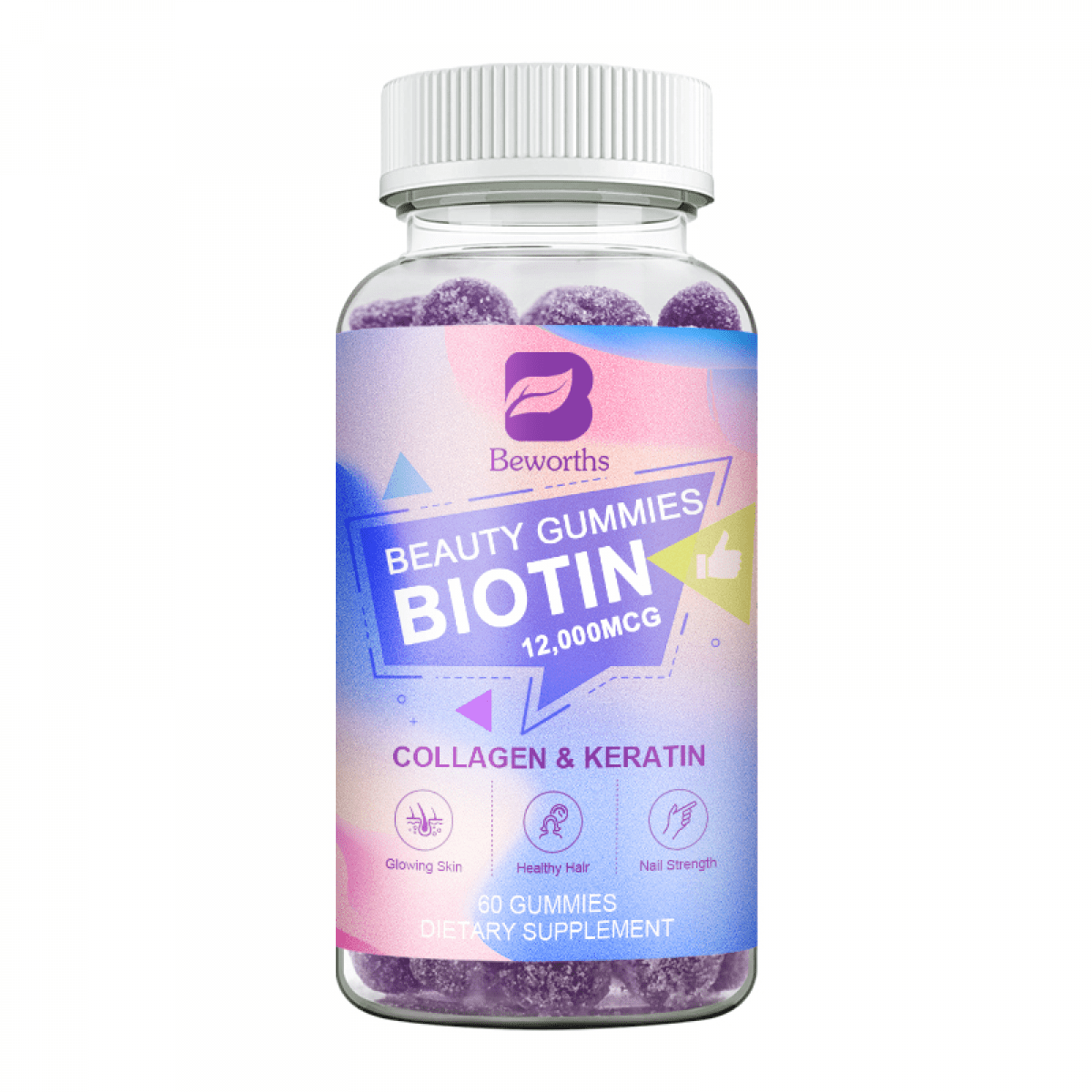 Beworths Biotin Gummies 12000mcg for Hair, Skin & Nails, 60 Count with Collagen, Chlorophyll, Zinc - Vitamin Complex