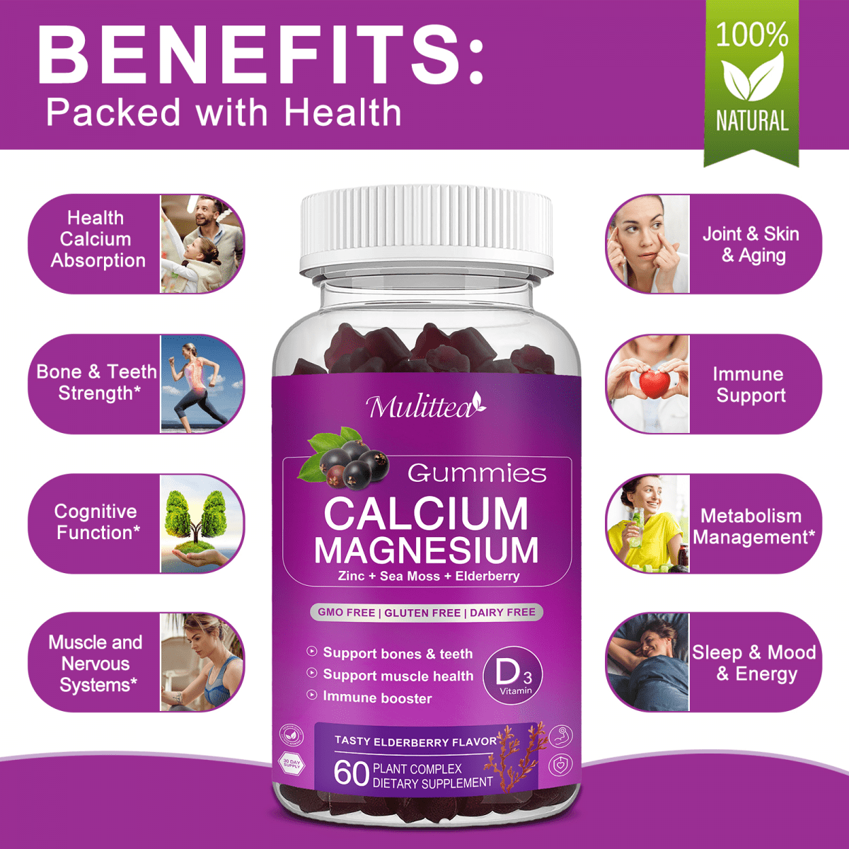 Multitea Calcium Magnesium Zinc Gummies with High Absorption Glycinate & D3 - Bone, Muscle, Sleep Support - 120 Gummies