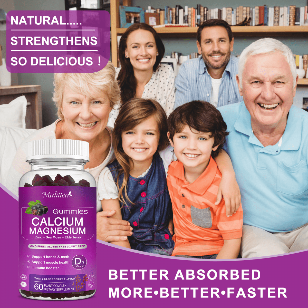 Multitea Calcium Magnesium Zinc Gummies with High Absorption Glycinate & D3 - Bone, Muscle, Sleep Support - 120 Gummies