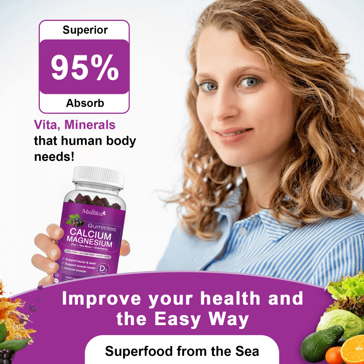 Multitea Calcium Magnesium Zinc Gummies with High Absorption Glycinate & D3 - Bone, Muscle, Sleep Support - 120 Gummies