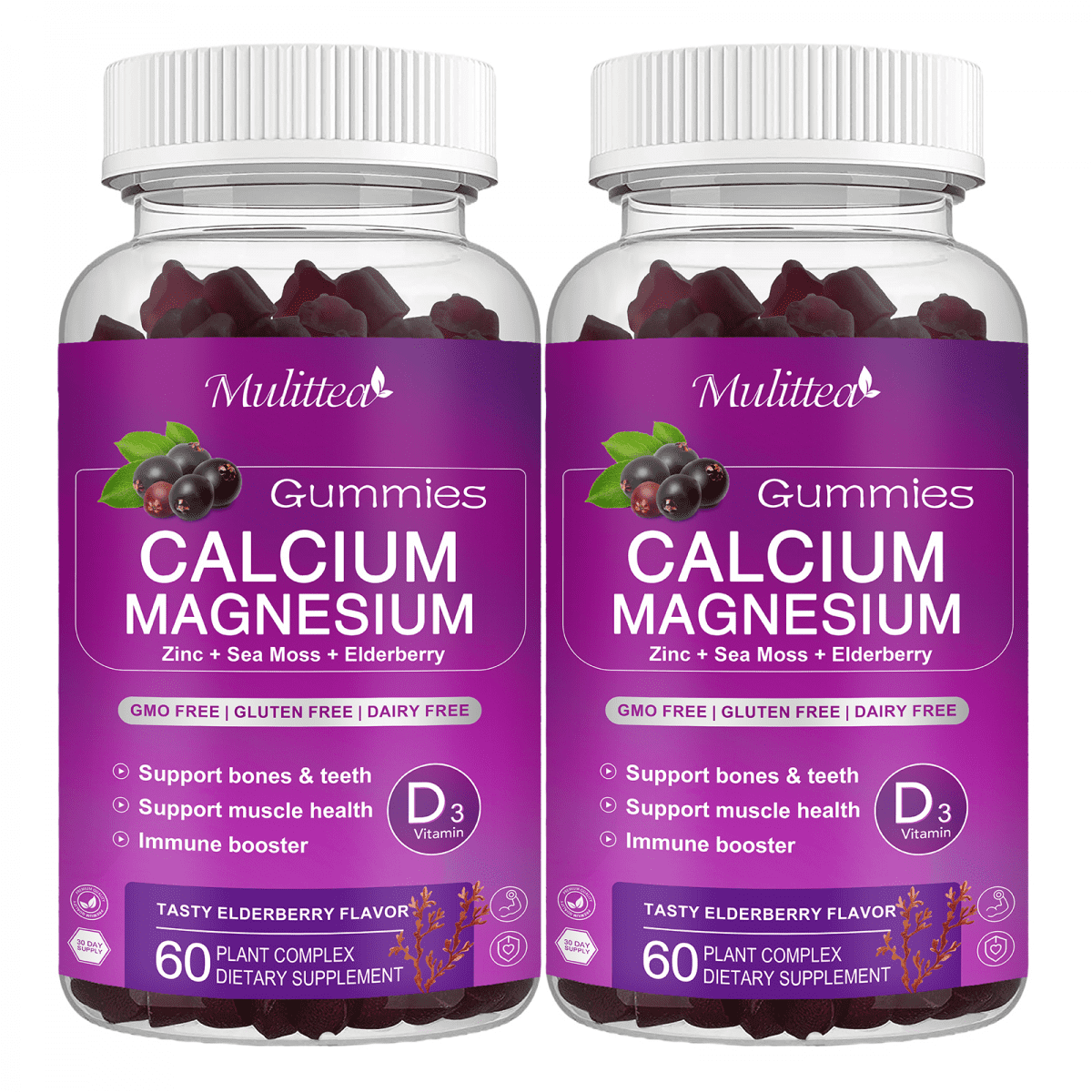Multitea Calcium Magnesium Zinc Gummies with High Absorption Glycinate & D3 - Bone, Muscle, Sleep Support - 120 Gummies